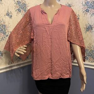 Andrew Marc New York Rose Lacy Crotchet Sleeves Vneck Blouse, Size M, NWT